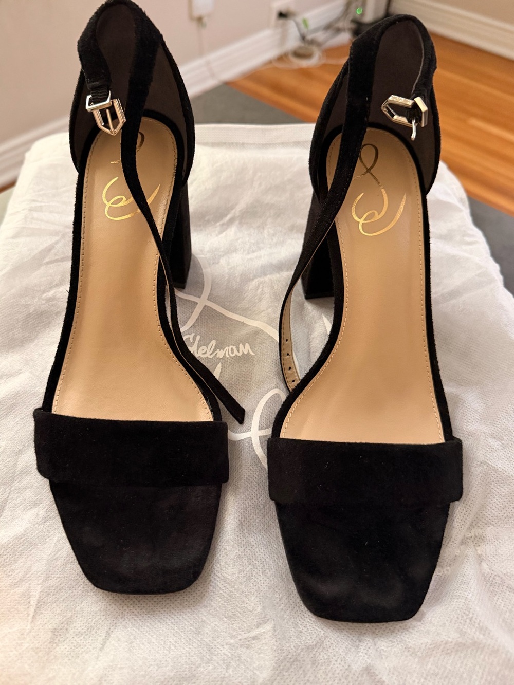 Sam Edelman Black Suede Block Heel Sandals with Ankle Strap